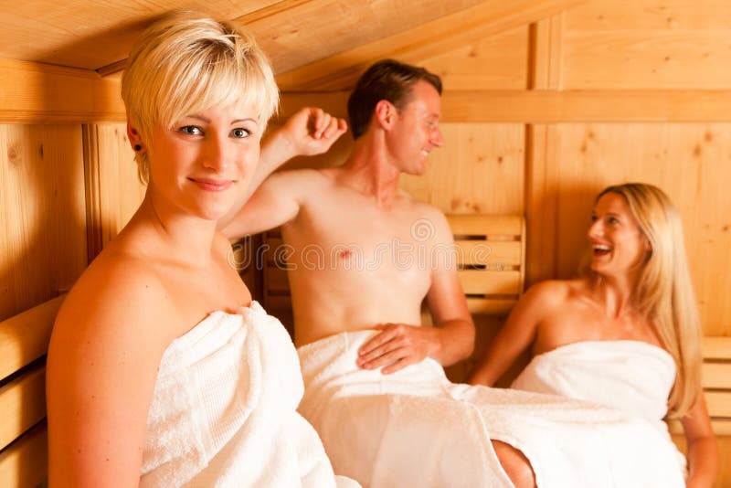 Three people in sauna royalty free stock photos