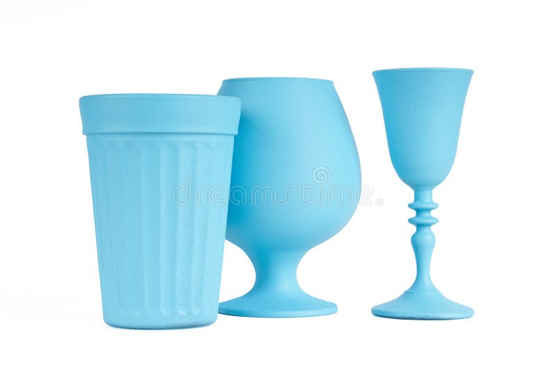 Three pieces of blue painted glassware isolated on white. Three pieces of blue painted glassware isolated on white