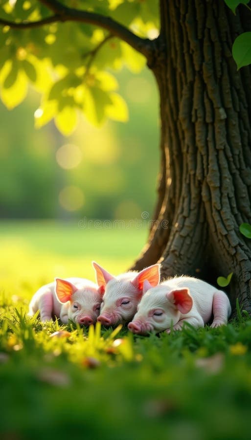 Three piglets snoozing peacefully beneath a leafy tree in warm sunlight , ground, wildlife, nature vector illustration