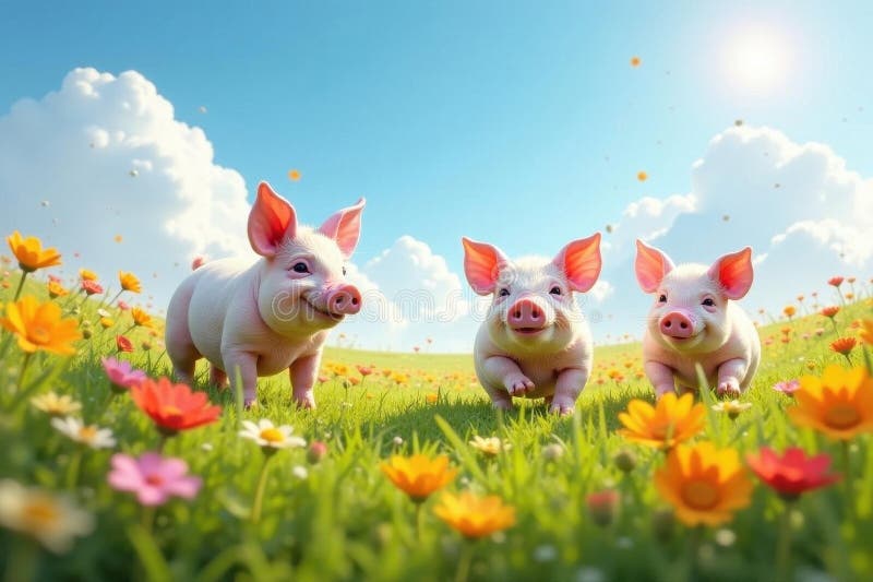 Three pigs explore vibrant flower meadow sunny day pastoral grass ilustração do vetor