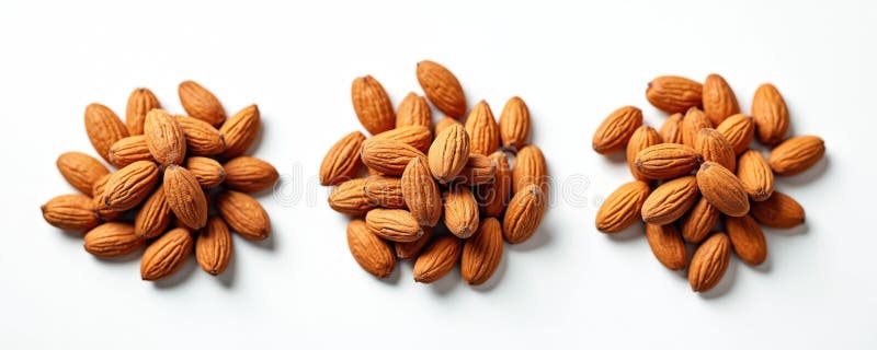 Three piles of raw almonds arranged on transparent backdrop. Fresh raw organic nuts, high source of protein, fiber, healthy fats. royalty free illustration