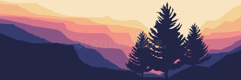 Three pine tree silhouette at mountain landscape stock illustration