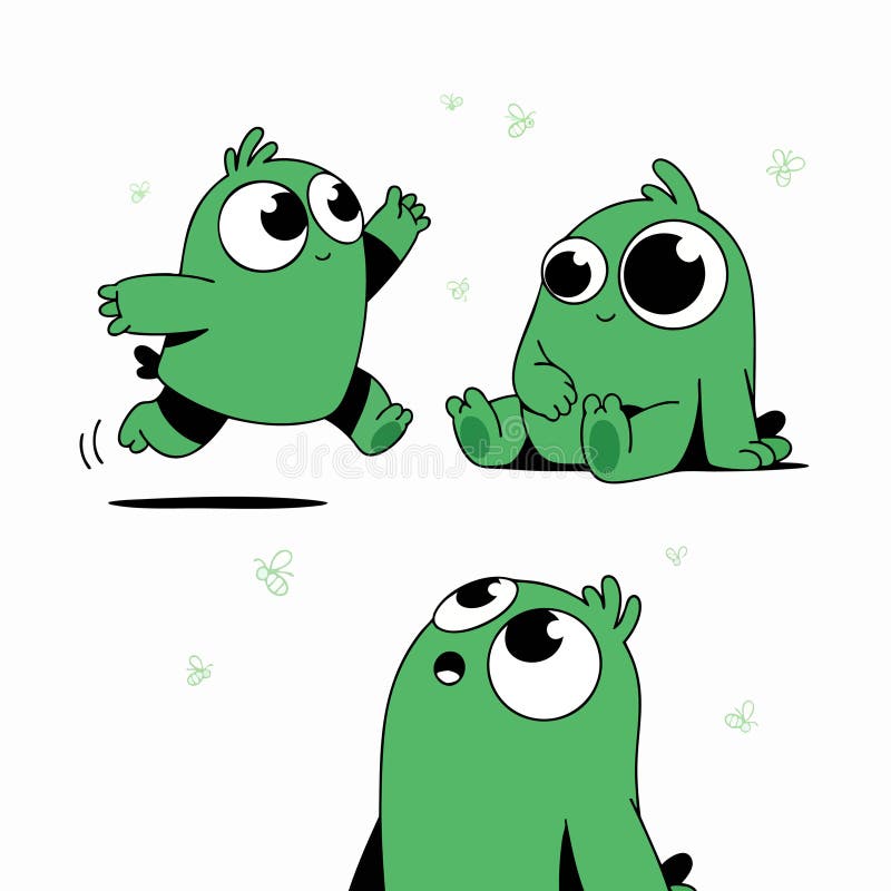 Three Playful Green Cartoon Creature Character Poses stock illustration