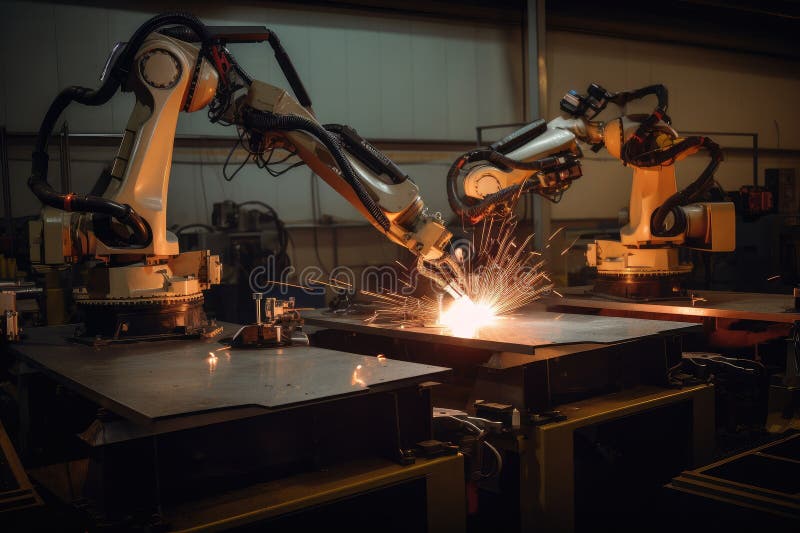 Three Precision Welding Robots Working Side by Side on a Complicated Joint Stock Photo Image