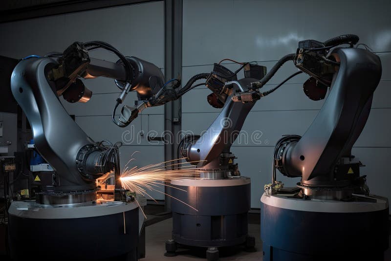 Three Precision Welding Robots Working Side by Side on a Complicated Joint Stock Photo Image