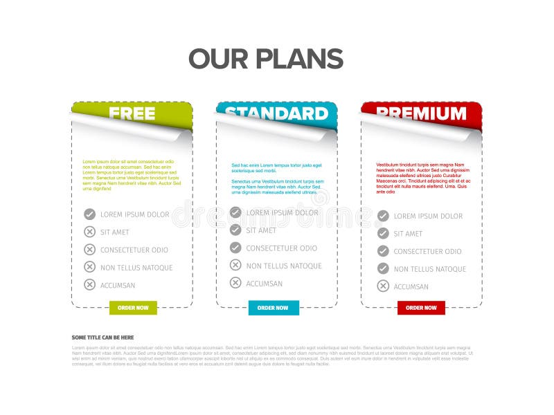 Three products cards features schema template with order buttons stock illustration