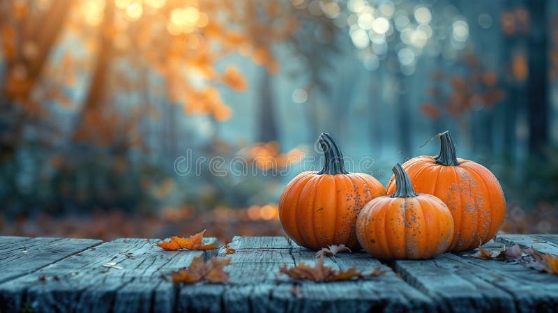 Three pumpkins are sitting on a wooden table with leaves scattered around them. Halloween theme vector illustration