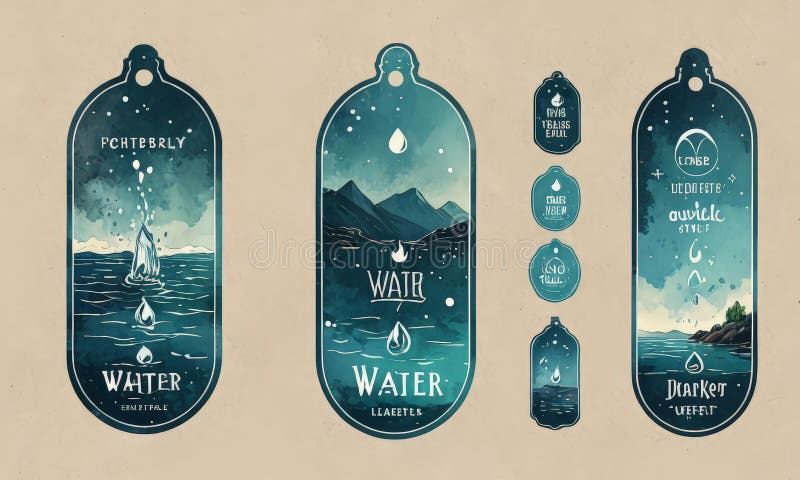 Three water bottle labels with mountain scene and boat vector illustration