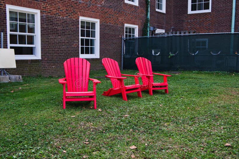 Three Red Adirondack Chairs Brightly Colored Red Adirondack Chairs Sit Lawn Front Governors Island Building New 159978696 