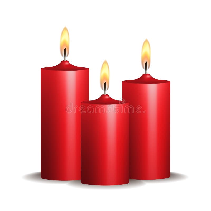 Three red burning candles on white background.