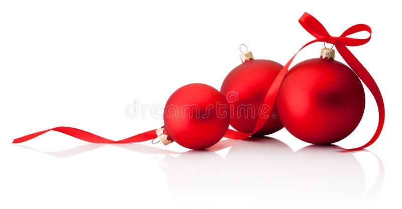 Three red Christmas decoration baubles with ribbon bow isolated on white background