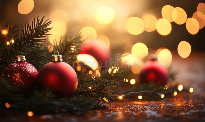 Three red Christmas ornaments are on a tree branch stock photography