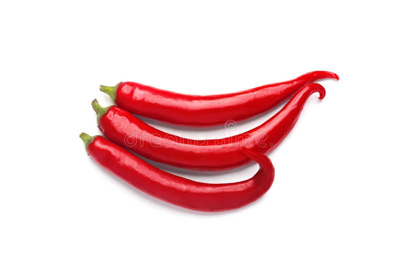 Three red hot chili peppers isolated on white background.