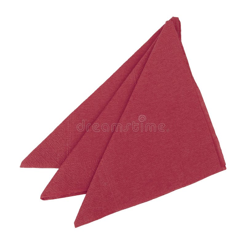 Three red paper napkins, serviettes folded to triangles and isolated on white background