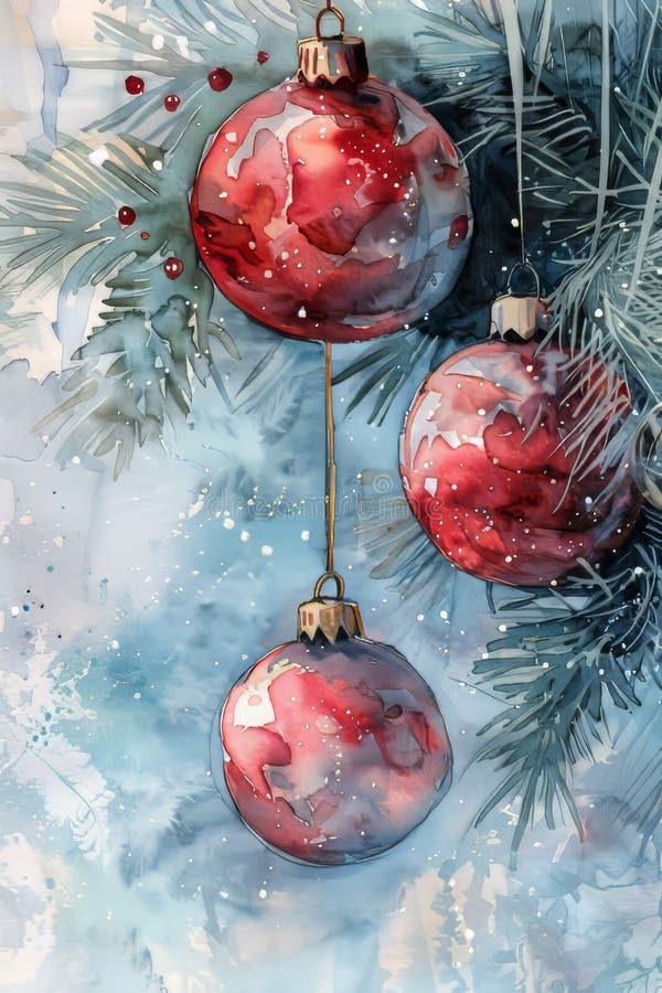 Three red and white Christmas ornaments hanging from a tree branch vector illustration
