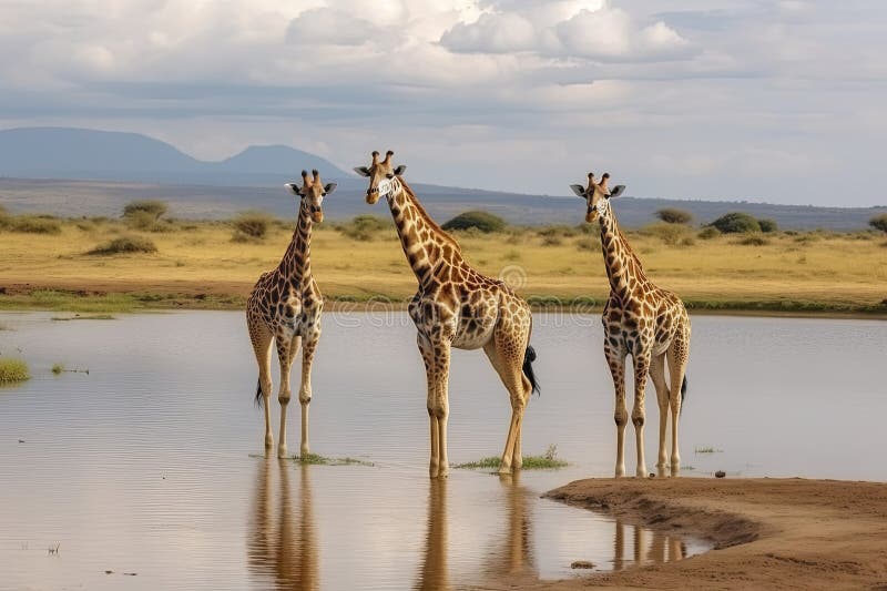 Three Reticulated Giraffes Wait in Line at Waterhole Stock Illustration