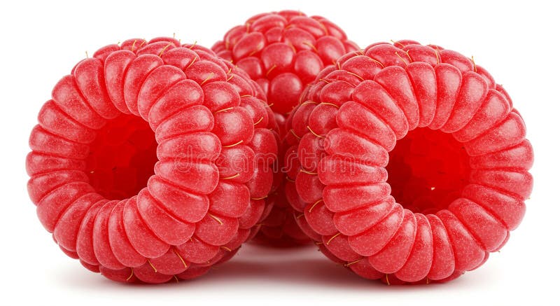 Three ripe raspberries are arranged in a close-up view. Each raspberry exhibits a vector illustration