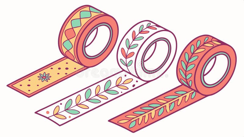 Three rolls of decorative tape are displayed, each featuring unique botanical designs, vector design Generative AI royalty free illustration