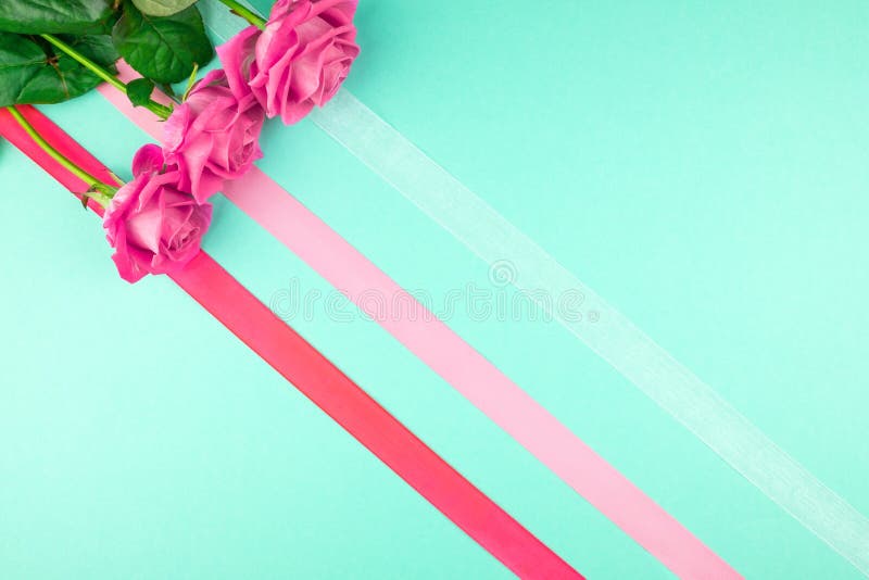 Three Roses on a Green Background and Three Ribbons Stock Image Image