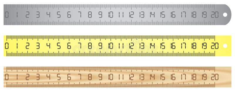 Wood and metal rulers. 3D realistic vector illustration isolated on white