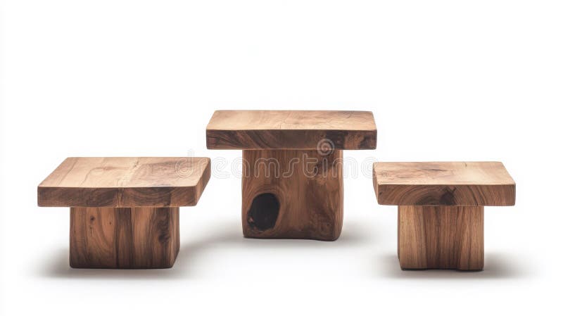 Three Rustic Square Wooden Display Stands on White Background Ai generated. Three rustic wooden square display stands of varying sizes, arranged on a white background. Simple, minimalist design