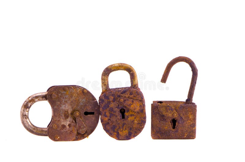 Three rusty lock isolated on white stock photos