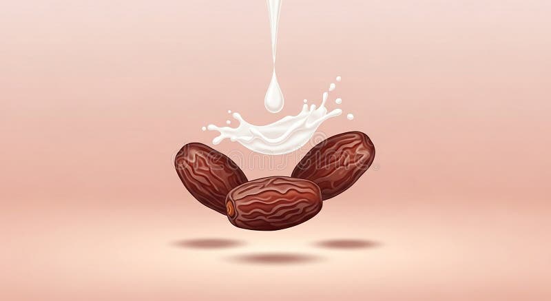 Three dates are suspended in the air with a splash of milk falling from above ramadan (240 vector illustration