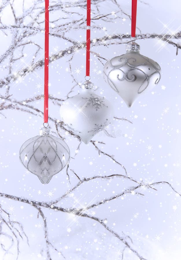 Three Silver Christmas Ornaments with Snow stock photography Three Silver Christmas Ornaments with Snow stock photography