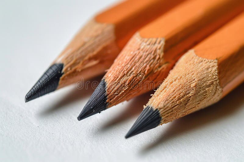 Three simple pencils, with well-sharpened leads, close-up on a white background. Generated by artificial intelligence. Three simple pencils, with well-sharpened