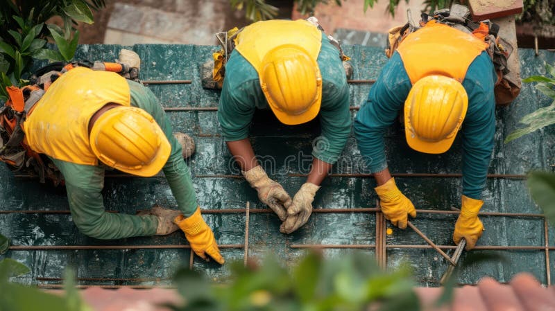 Three skilled construction workers collaborate under the bright sun, skillfully assembling a robust metal structure that royalty free stock image