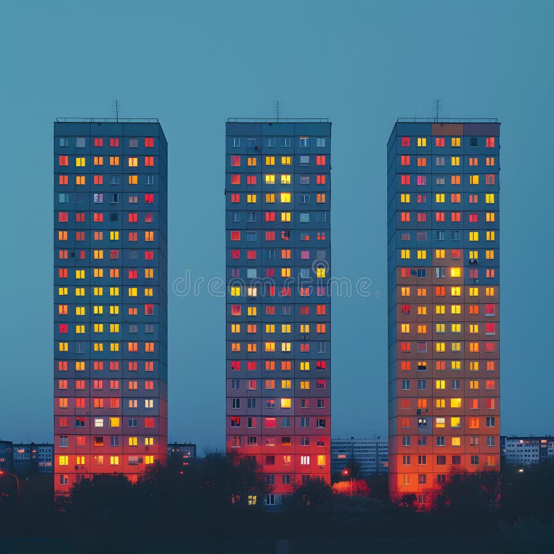 Three skyscrapers illuminate the city skyline at night. Three skyscrapers illuminated in the city at night, creating a stunning cityscape with their rectangular tower blocks towering over the gaslit streets AI generated