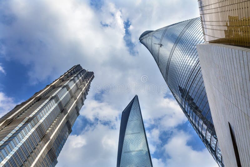 Three Skyscrapers Reflections Liujiashui Shanghai China stock photo