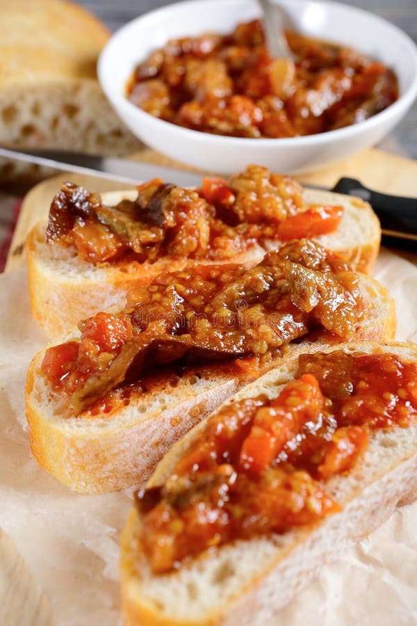 Three Slices of Bruschetta with Roasted Eggplant Stock Photo Image of