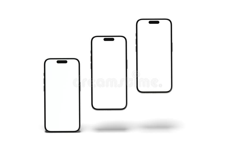 Three smartphone mockups are displayed against a plain white background stock illustration