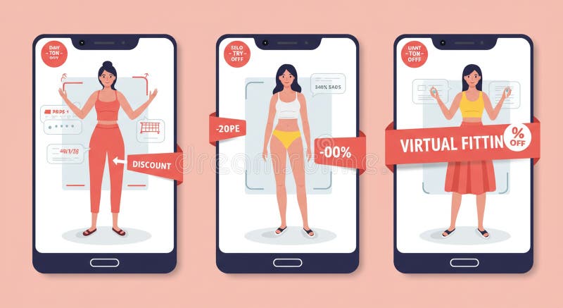 Three smartphone screens display an AI-generated virtual fitting room app. Each stock illustration