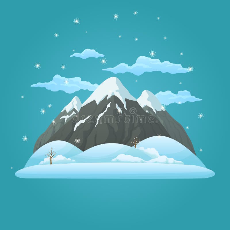 Three snowy mountains with snow covered hills, bare trees, clouds and falling snow on a blue background. stock illustration Three snowy mountains with snow covered hills, bare trees, clouds and falling snow on a blue background. stock illustration