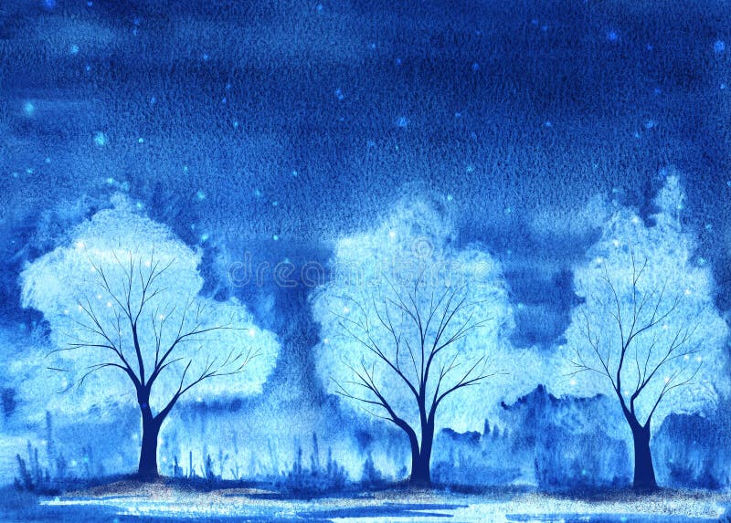 Three snowy white trees. Winter landscape. Thin graceful branches and trunk. Dark blue night sky. Fluffy snow is falling. Hand