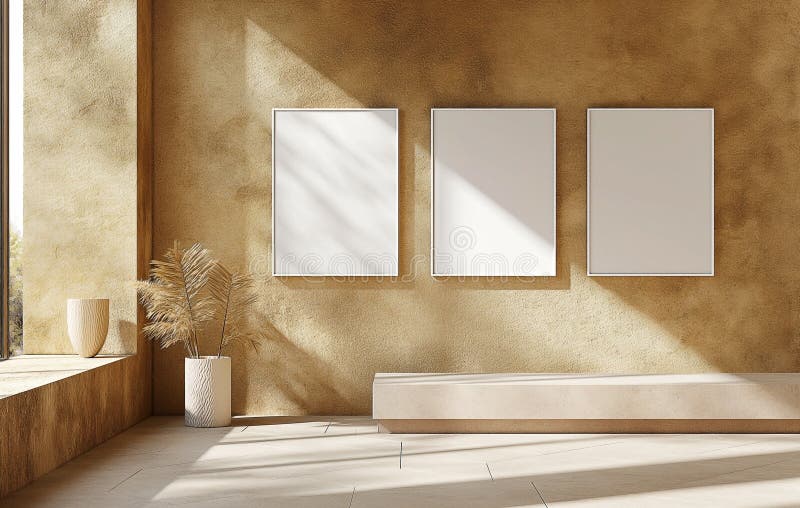 Three square frames on a wall with empty space for insert text or images. wall, windows and sunlight stock illustration