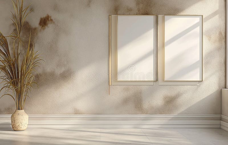 Three square frames on a wall with empty space for insert text or images. wall, windows and sunlight royalty free illustration