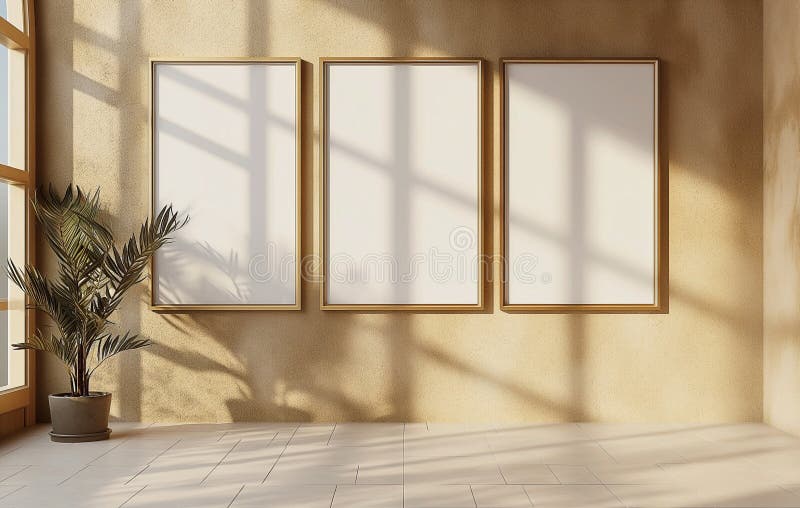 Three square frames on a wall with empty space for insert text or images. wall, windows and sunlight vector illustration
