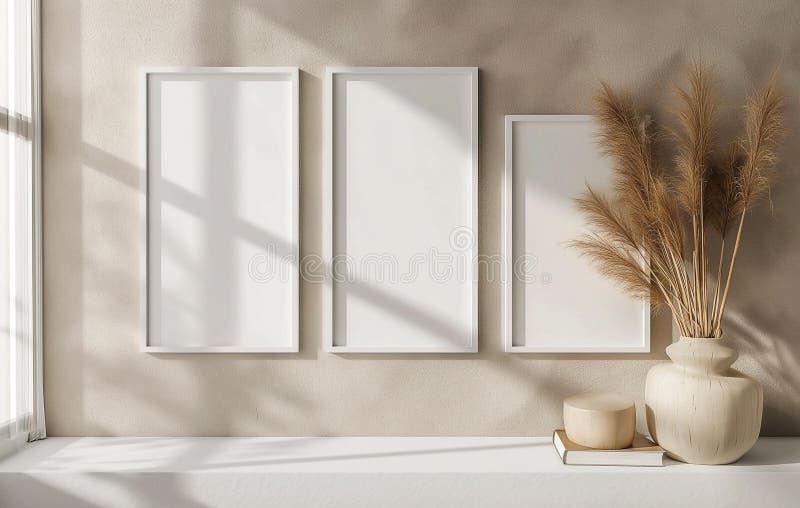 Three square frames on a wall with empty space for insert text or images. wall, windows and sunlight stock illustration