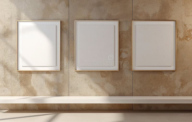 Three square frames on a wall with empty space for insert text or images. wall, windows and sunlight vector illustration