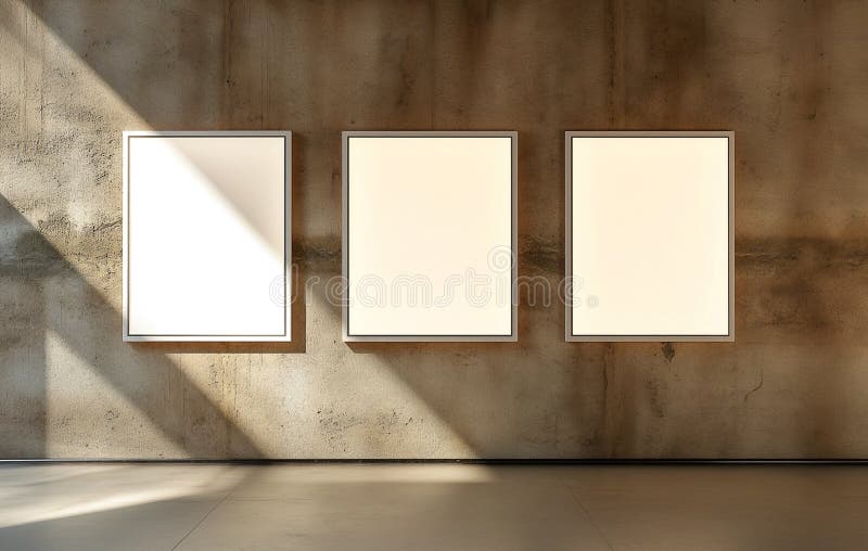 Three square frames on a wall with empty space for insert text or images. wall, windows and sunlight stock illustration