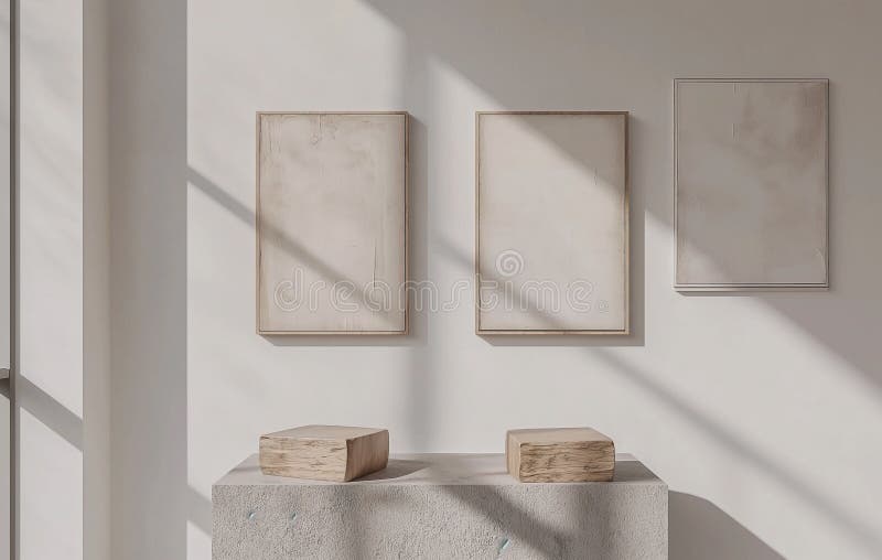 Three square frames on a wall with empty space for insert text or images. wall, windows and sunlight stock illustration