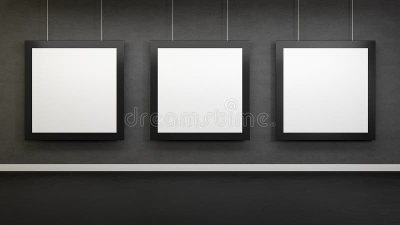 Three square pictures hanging on dark gray concrete wall. Template of posters with a black frame. 3D rendering mockup. stock illustration