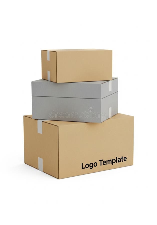 Three stacked cardboard boxes with visible tape. The top and bottom boxes are brown, while the middle box is gray. The largest box at the bottom displays the text "Logo Template" in black font. Each box is taped along the corners, and the arrangement suggests packaging or shipping. The simple design and neutral colors emphasize functionality for product presentation or delivery purposes. Packaging tape logo illustrations
