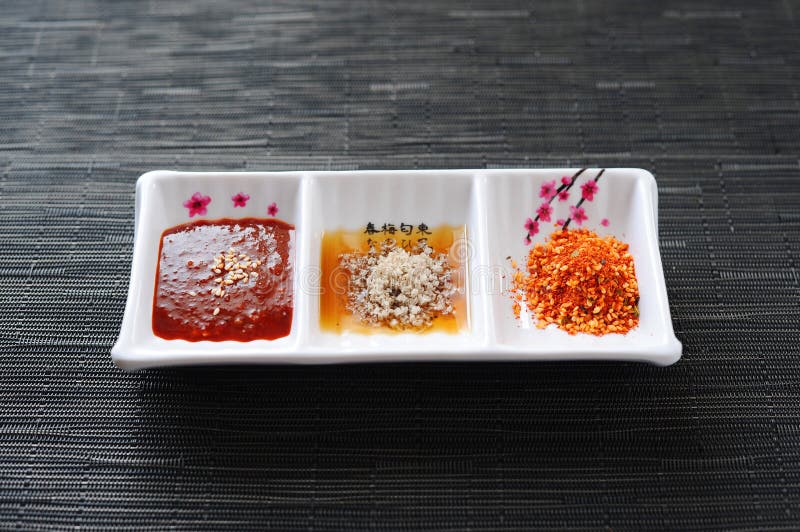 Three Style of Sauce in White Platter in Korean Restaurant Stock Image