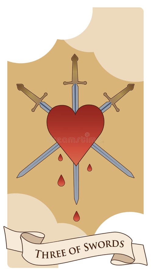 Three of swords. Heart pierced by three swords on clouds background. Blood drops