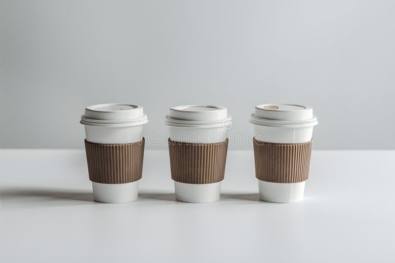 Three takeaway coffee cups with brown sleeves on plain white background, faint shadows royalty free illustration