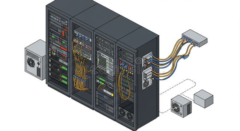 Three tall server racks filled with network equipment, cables, and blinking indicator stock illustration